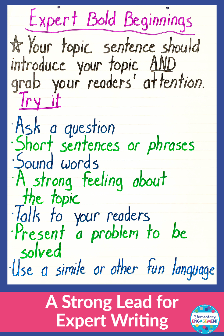 The first step to sharing your expertise in written form is to craft a lead that will get your readers interested.  This anchor chart gives young writers some ideas on how to do this.  Click on the link for additional ideas for anchor charts.