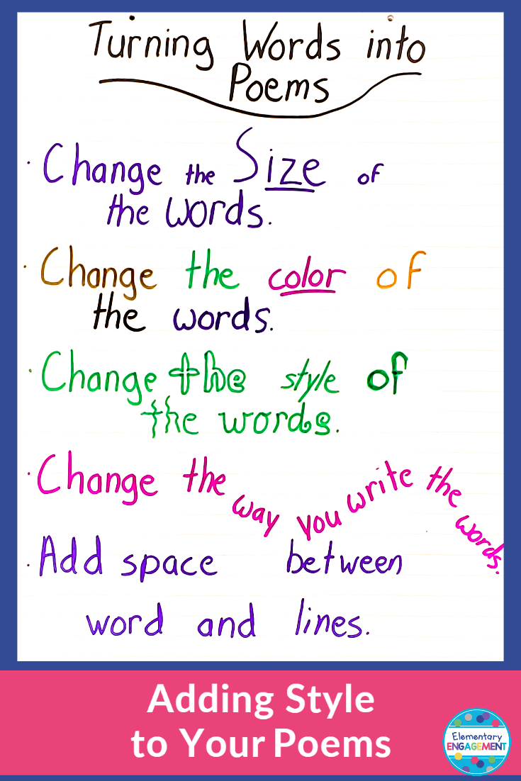 Playing with word style and placement can change ordinary writing into poetry.  This anchor chart shares some ideas to inspire young poets.  Click on the link for additional anchor chart ideas.