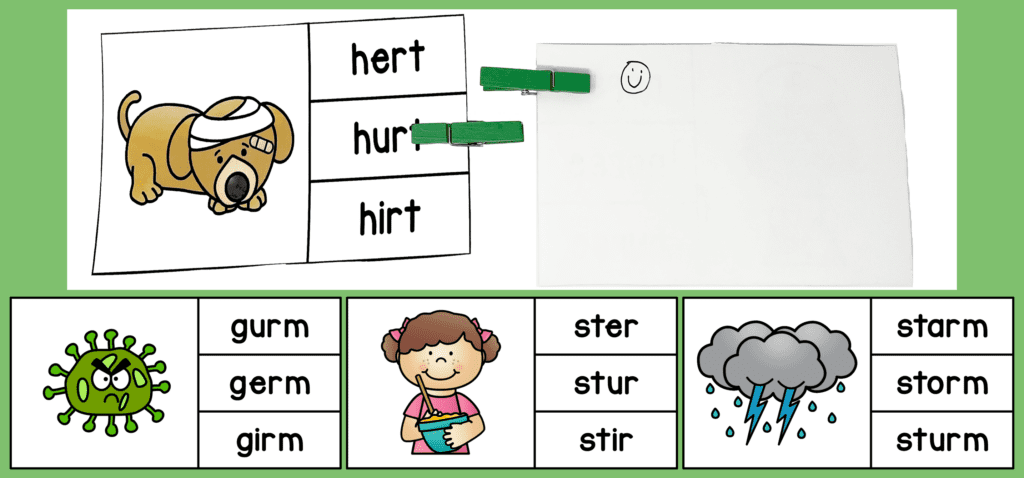 Use r-controlled vowels clip it cards to help students practice recognizing the correct spelling of r-controlled vowel words.